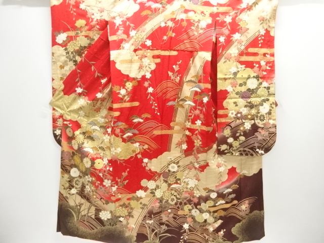 アンティーク　橋に花車模様刺繍振袖